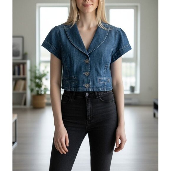Guess Womens Denim Cropped Jacket Size L Short Sleeve Button Front - Picture 1 of 11